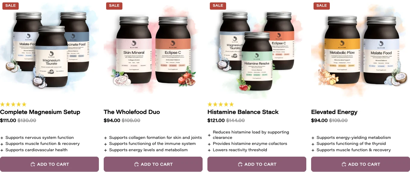 Complete Magnesium Setup and Histamine Balance Stack showing five stars; The Wholefood Duo and Elevated Energy showing none
