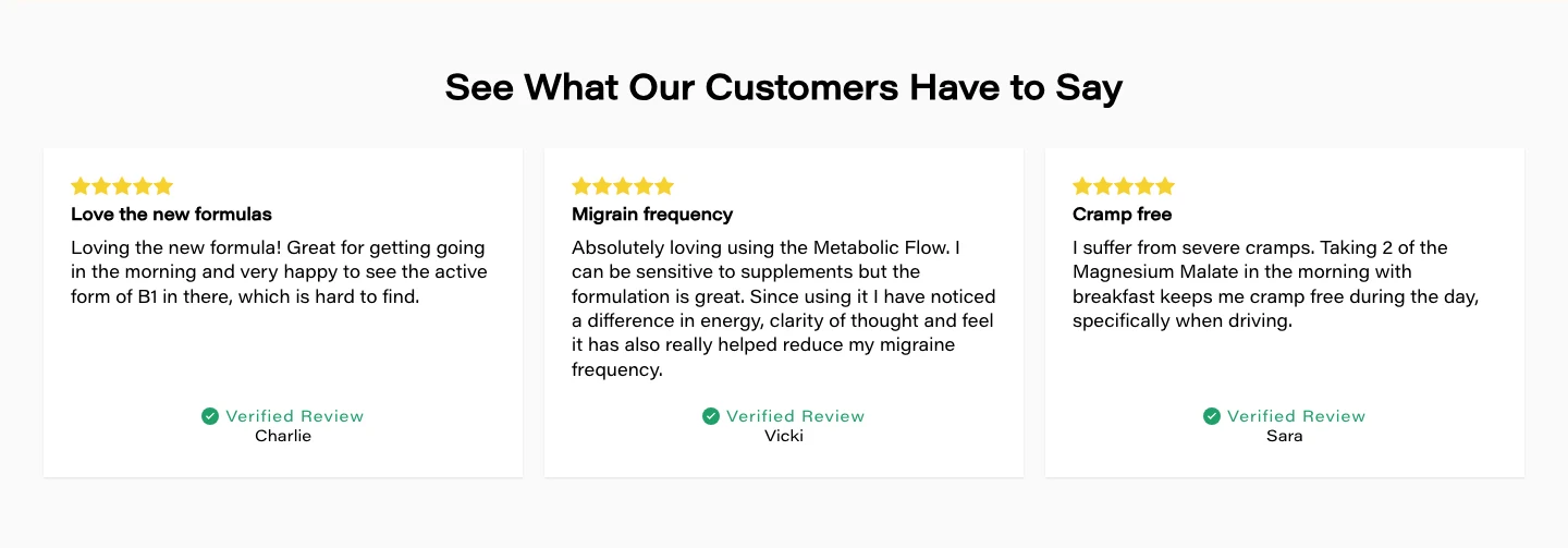 Three five-star quote cards marked Verified Review on the Elevated Energy page, mentioning Metabolic Flow and Magnesium Malate