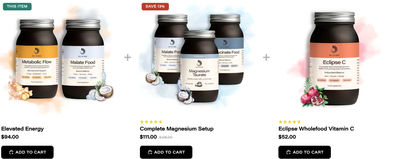 Elevated Energy showing no stars; Complete Magnesium Setup and Eclipse Wholefood Vitamin C showing five stars